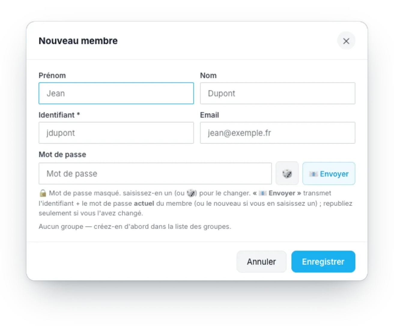 La ficha de un nuevo miembro: nombre, usuario, correo electrónico y contraseña