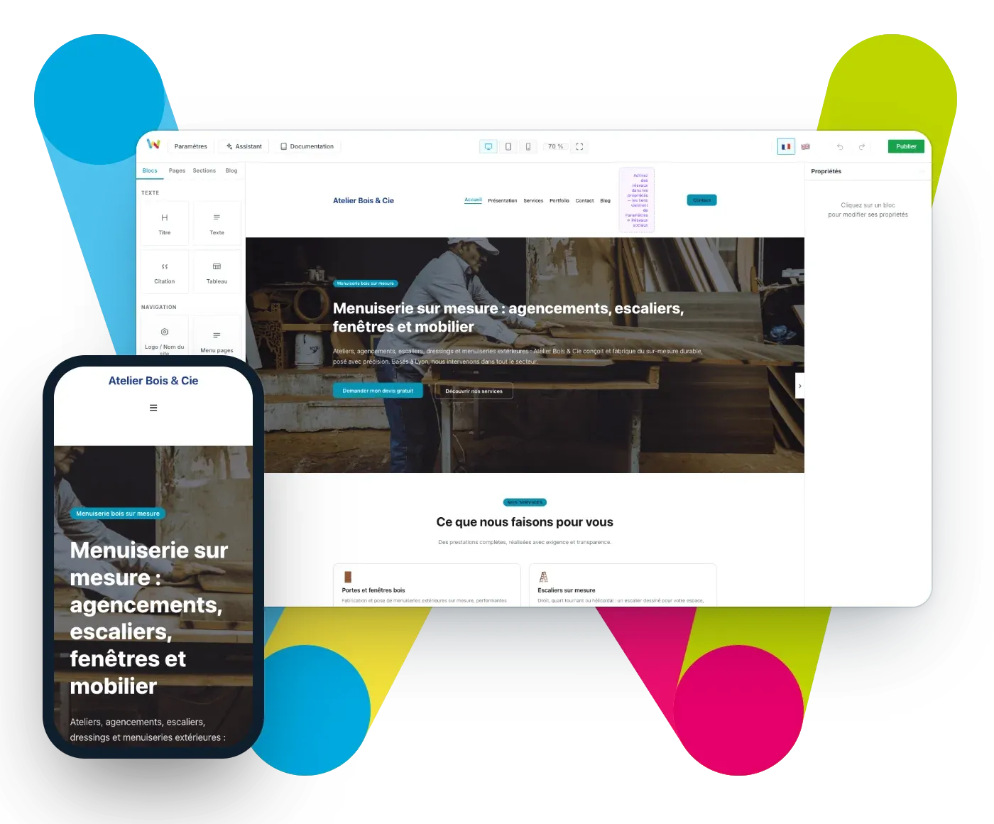 L’editor WSiteBuilder su computer e la stessa pagina in versione smartphone