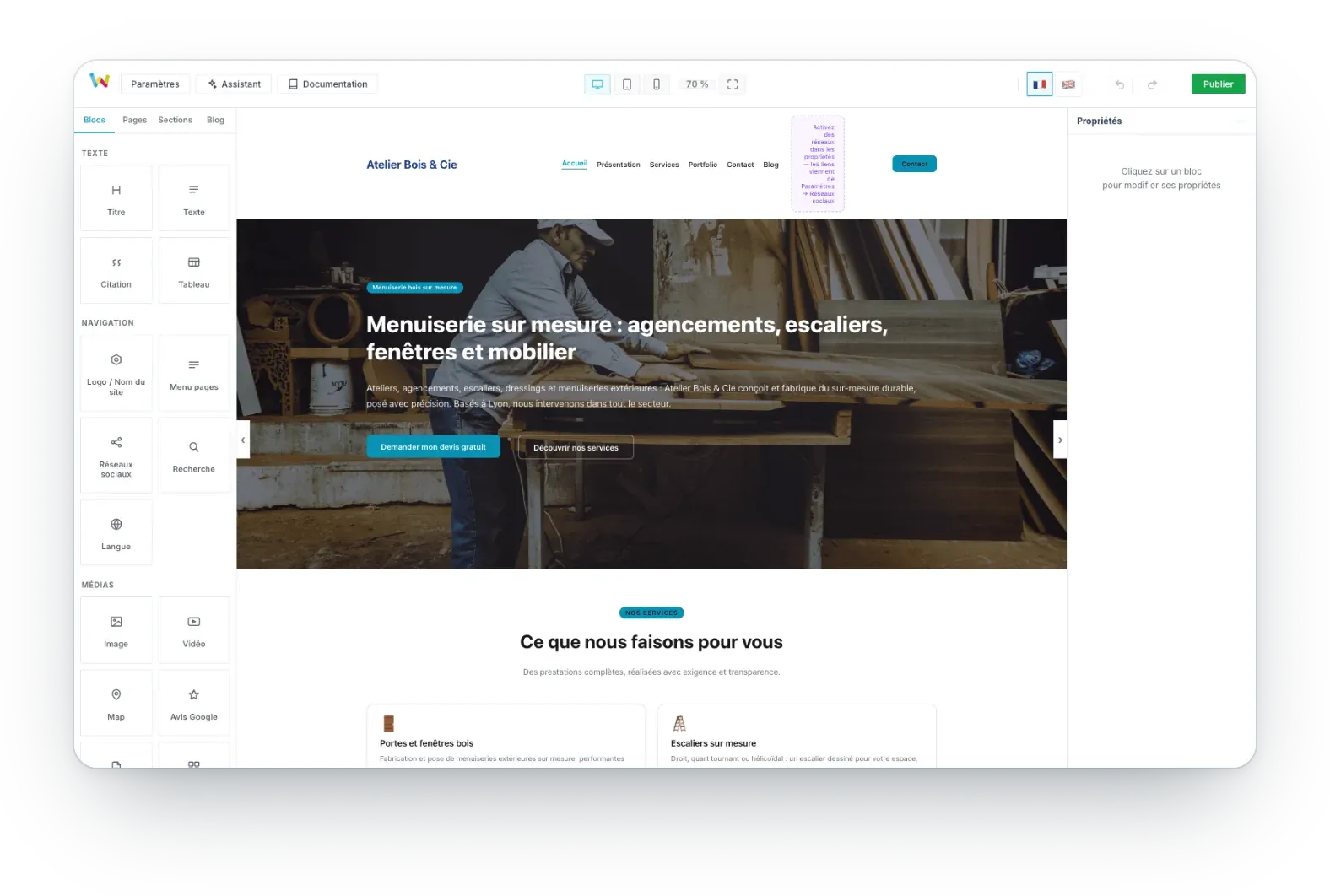 El editor WSiteBuilder: elementos a la izquierda, página en el centro, propiedades a la derecha