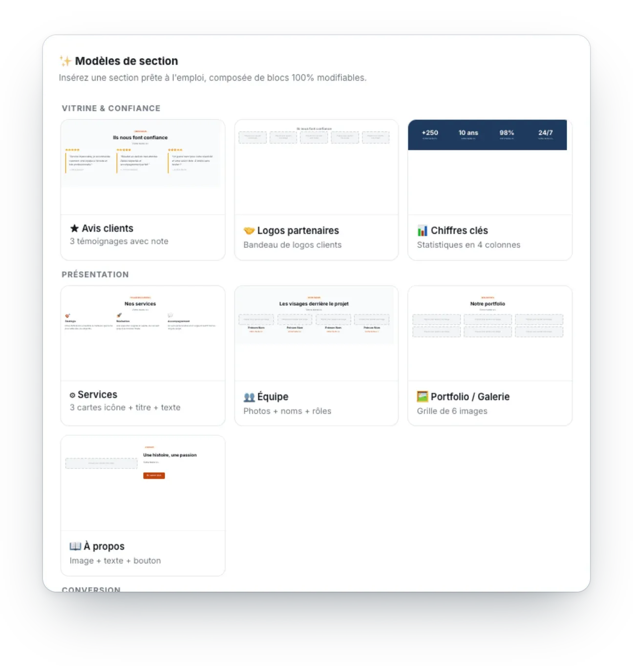 La ventana de plantillas de sección: opiniones de clientes, logotipos de socios, cifras clave, servicios, equipo