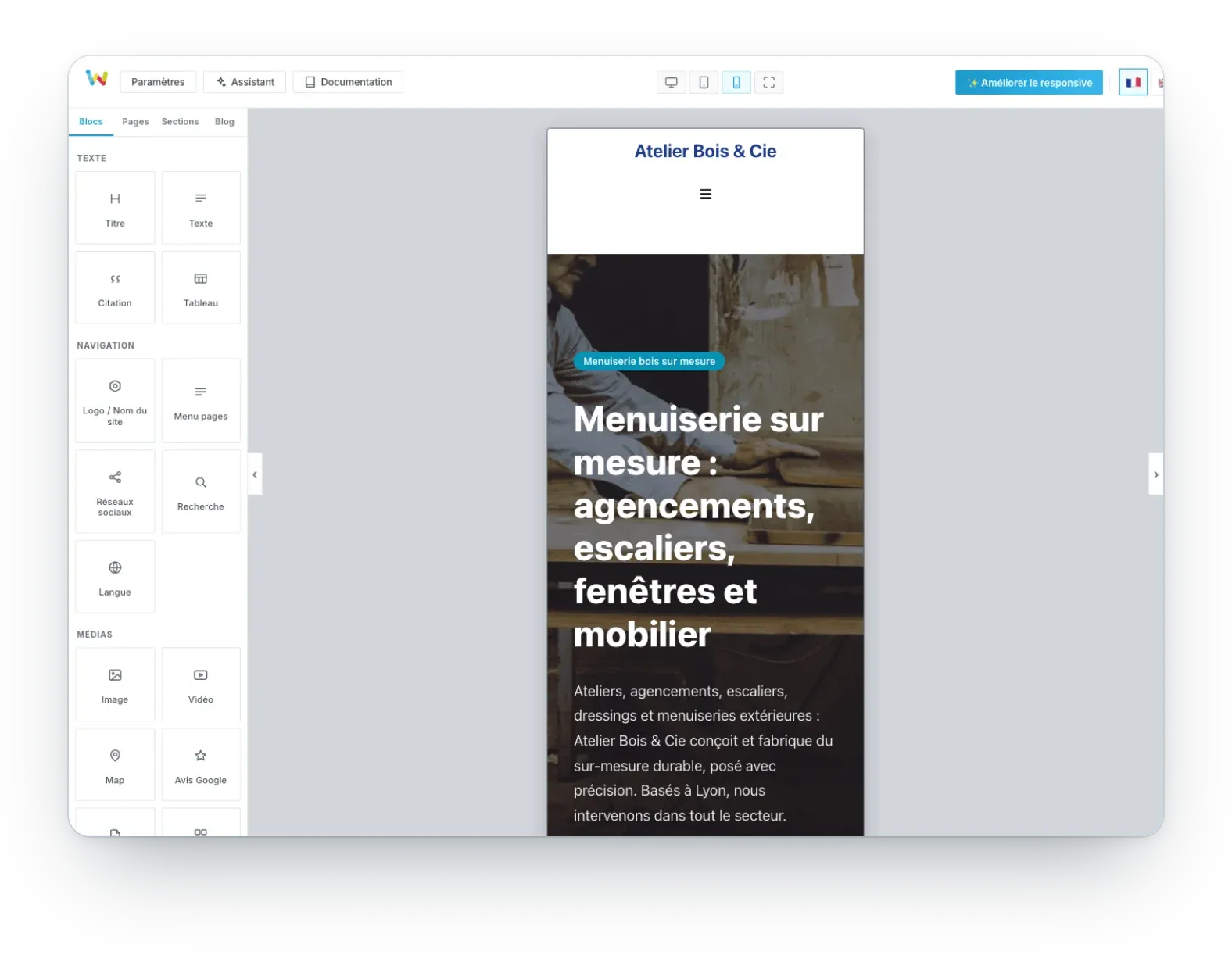 L’editor WSiteBuilder in modalità smartphone, con il pulsante Migliora il responsive